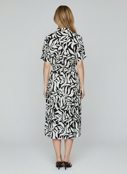 Women’s Black & White Abstract Print Midi Shirt Dress with Belt – Casual Summer Outfit