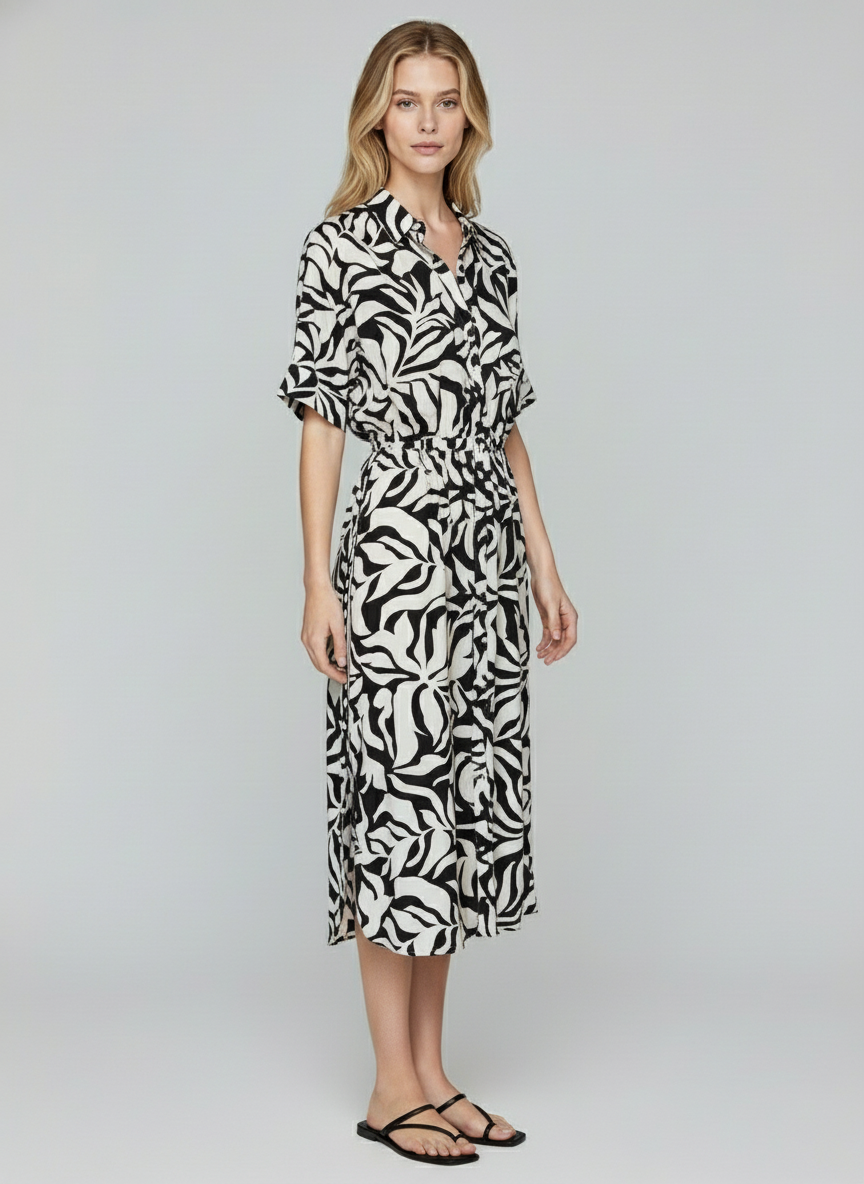 Women’s Black & White Abstract Print Midi Shirt Dress with Belt – Casual Summer Outfit