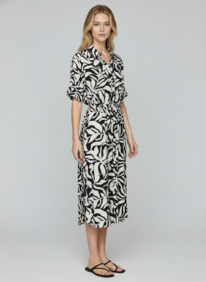 Women’s Black & White Abstract Print Midi Shirt Dress with Belt – Casual Summer Outfit