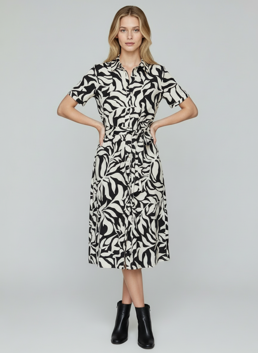 Women’s Black & White Abstract Print Midi Shirt Dress with Belt – Casual Summer Outfit