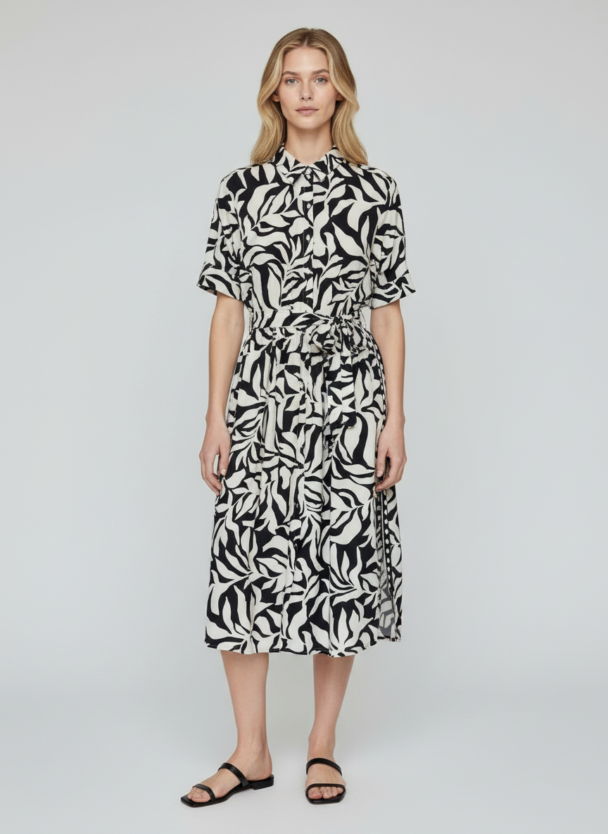 Women’s Black & White Abstract Print Midi Shirt Dress with Belt – Casual Summer Outfit