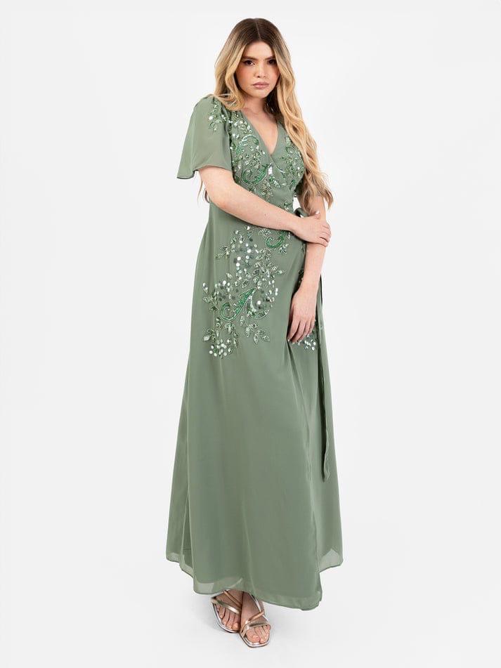 Elegant Sage Green Floral Sequin Embellished Wrap Dress for Women