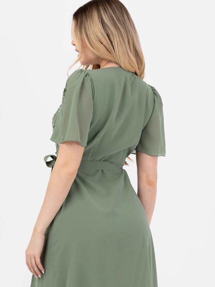 Elegant Sage Green Floral Sequin Embellished Wrap Dress for Women