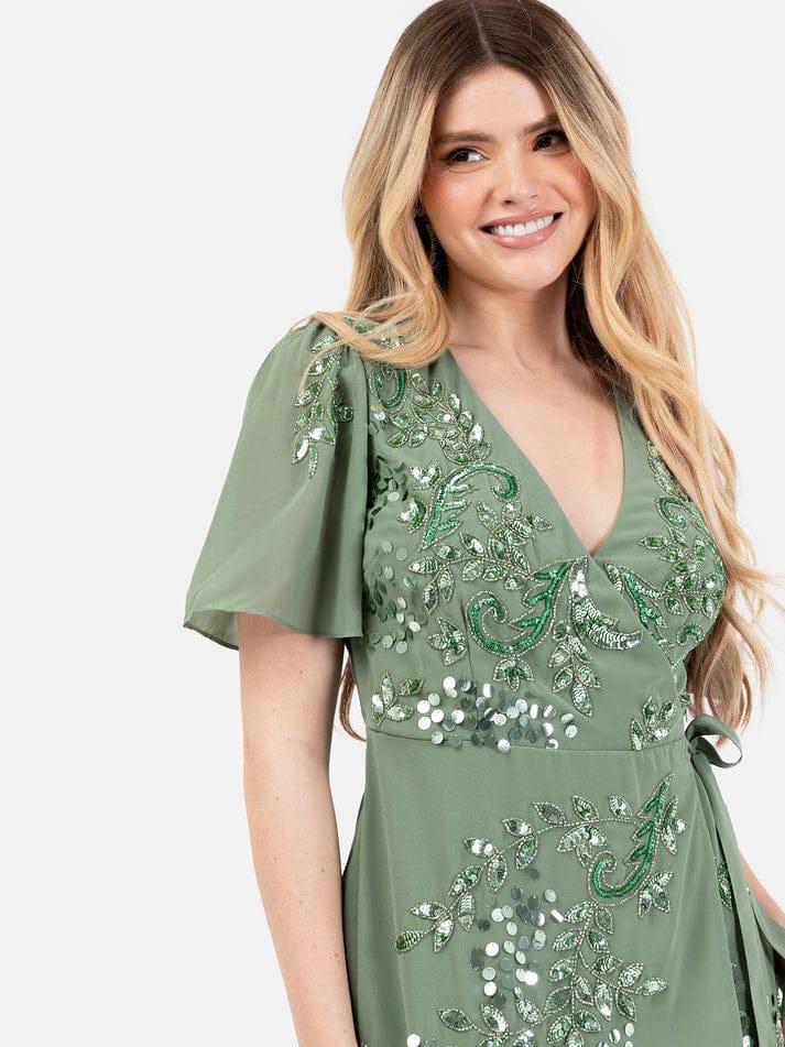 Elegant Sage Green Floral Sequin Embellished Wrap Dress for Women