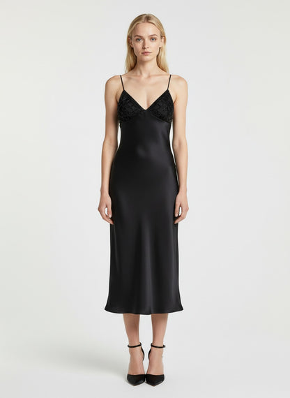 Elegant Black Satin Slip Dress with Lace Bodice – Spaghetti Strap Midi Evening Dress