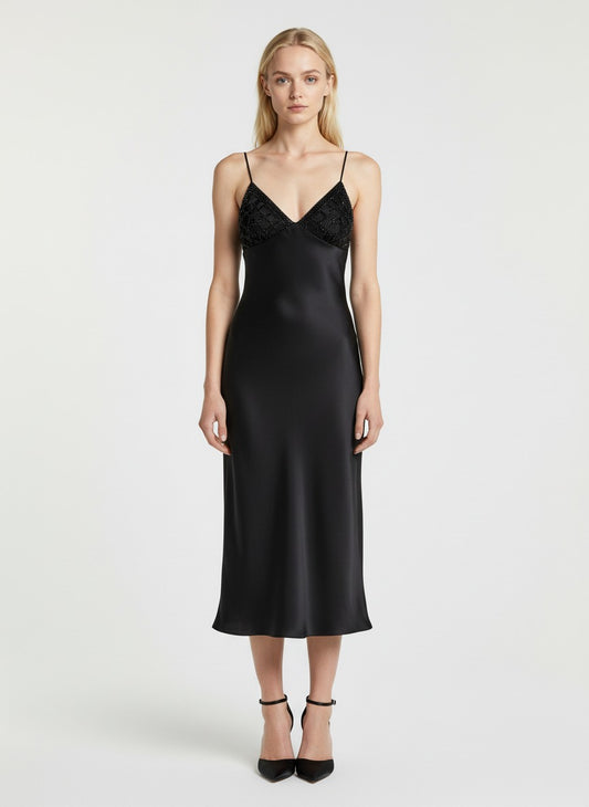 Elegant Black Satin Slip Dress with Lace Bodice – Spaghetti Strap Midi Evening Dress