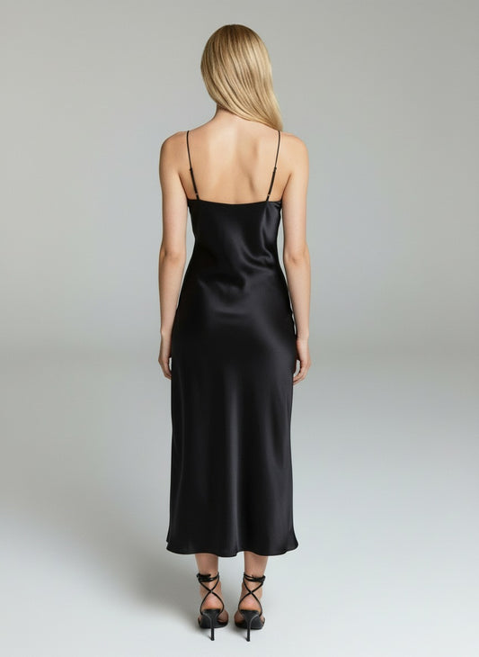 Elegant Black Satin Slip Dress with Lace Bodice – Spaghetti Strap Midi Evening Dress