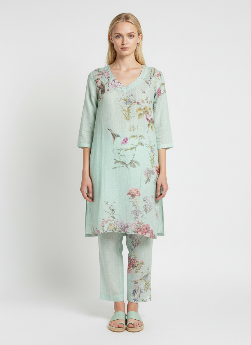 Women Mint Green Floral Printed Kurta Pant Set | Elegant Summer Ethnic Wear