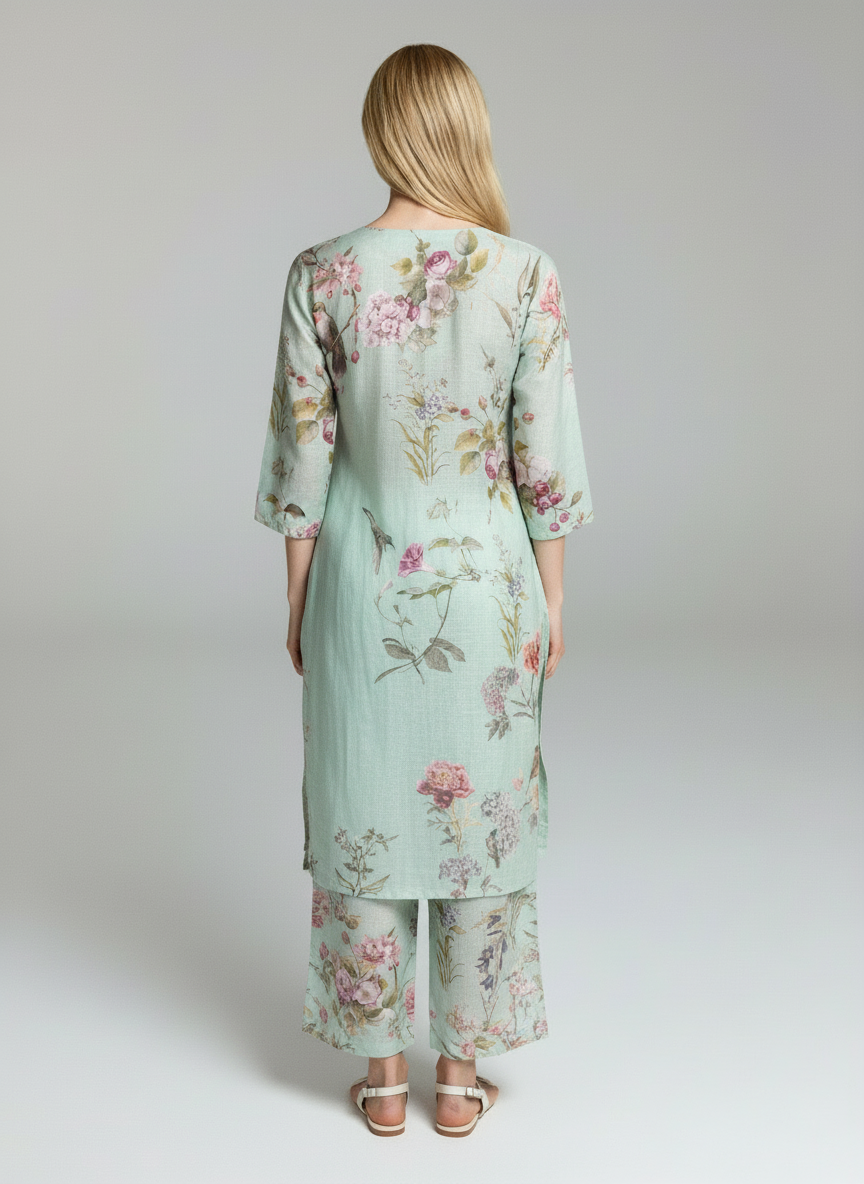 Women Mint Green Floral Printed Kurta Pant Set | Elegant Summer Ethnic Wear