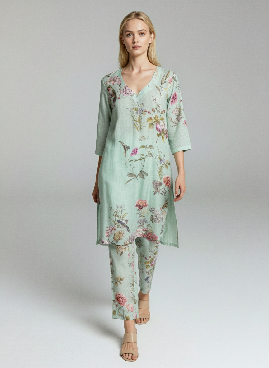 Women Mint Green Floral Printed Kurta Pant Set | Elegant Summer Ethnic Wear